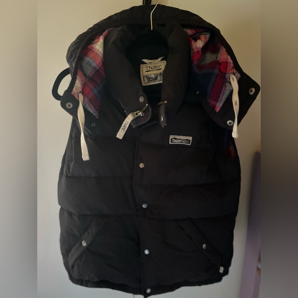 TNA Black Puffer Vest with Plaid Lined Hood